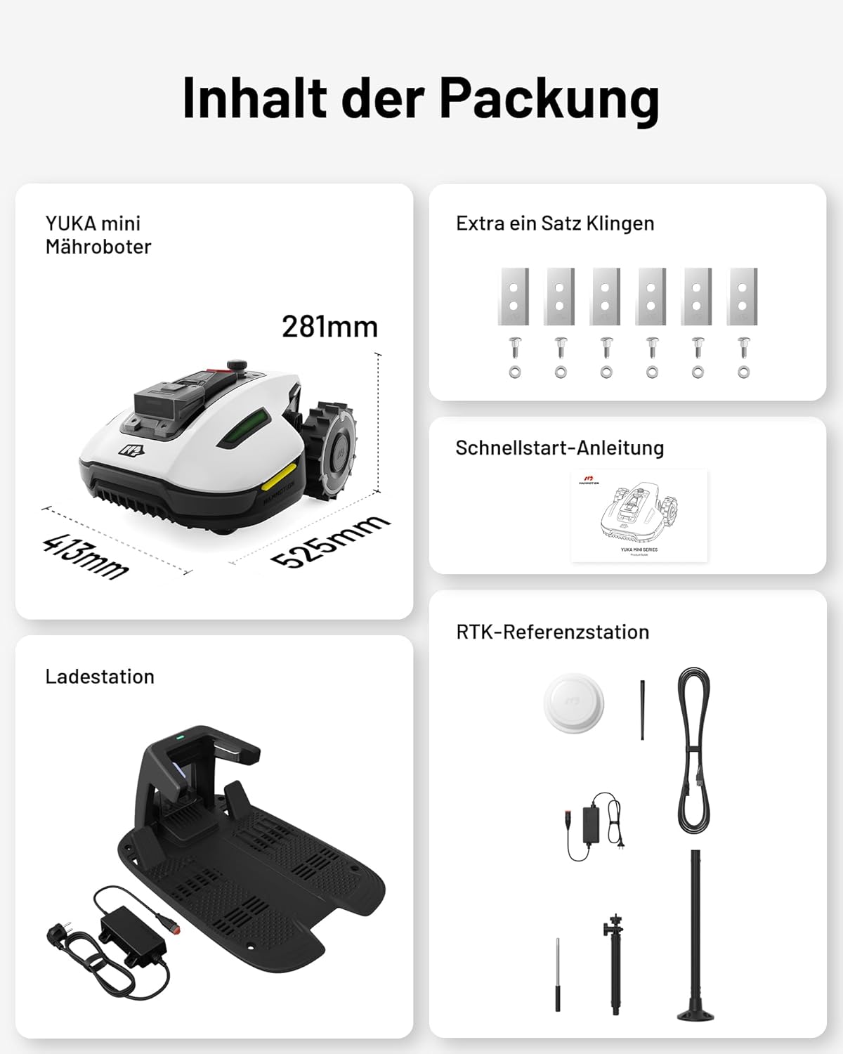 MAMMOTION YUKA Mini 500 Mähroboter ohne Begrenzungskabel, NetRTK+Vision, Keine RTK-Antenne erforderlich, Auto-Kartierung, Empf. 500m², mit 4G-Modul, 50% Steigung