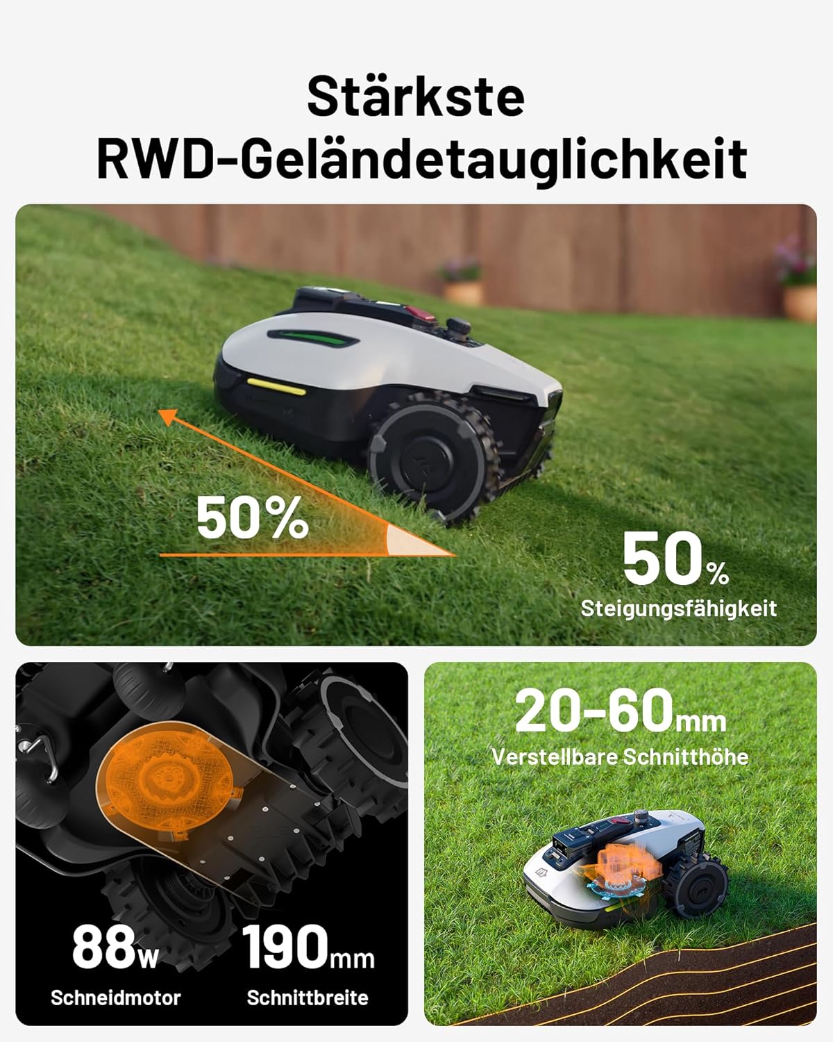 MAMMOTION YUKA Mini 500 Mähroboter ohne Begrenzungskabel, NetRTK+Vision, Keine RTK-Antenne erforderlich, Auto-Kartierung, Empf. 500m², mit 4G-Modul, 50% Steigung